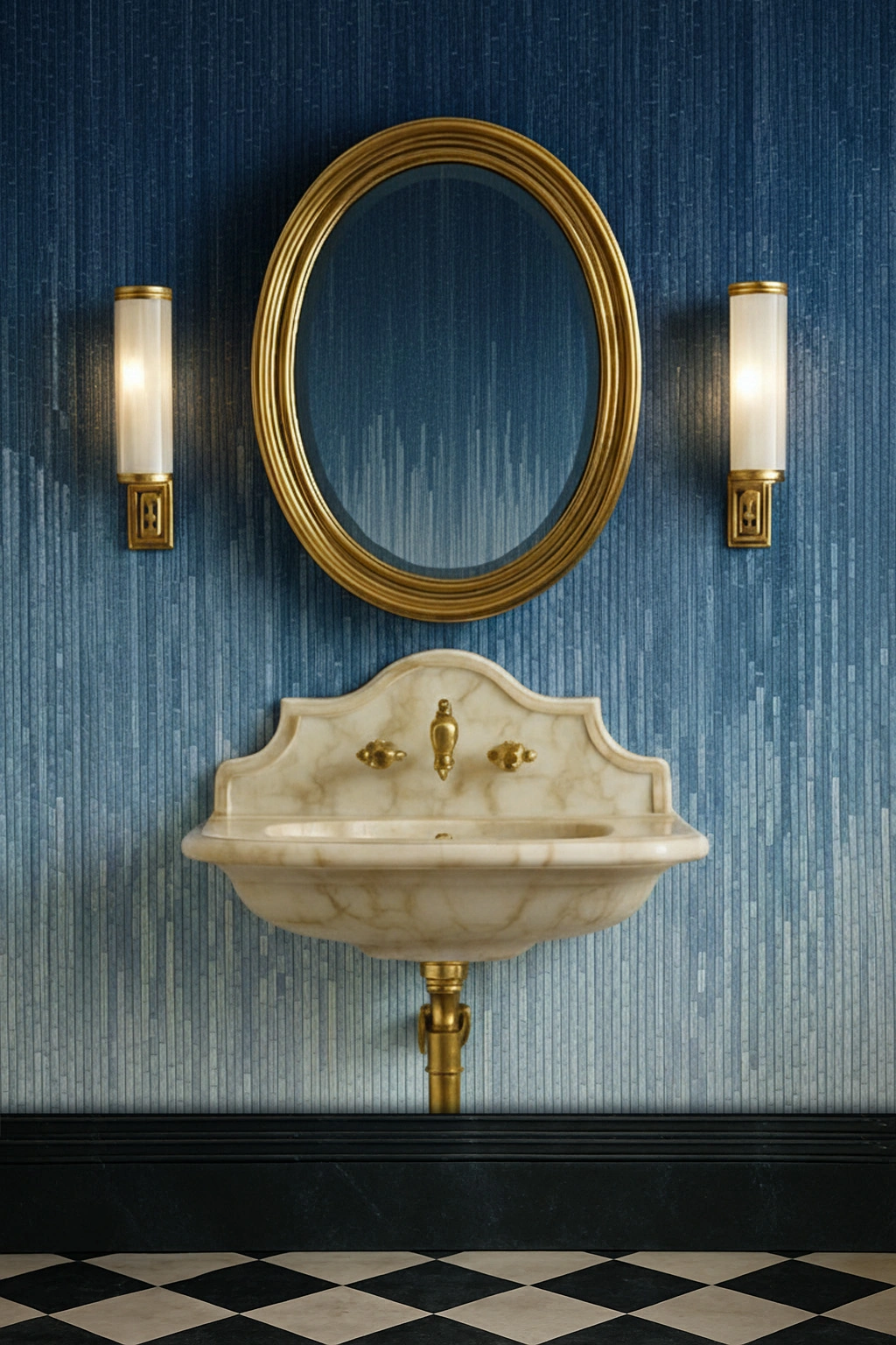 Sapphire blue mosaic wall fading to light blue behind gold mirror and marble sink, adding elegance and calm to a refined interior.