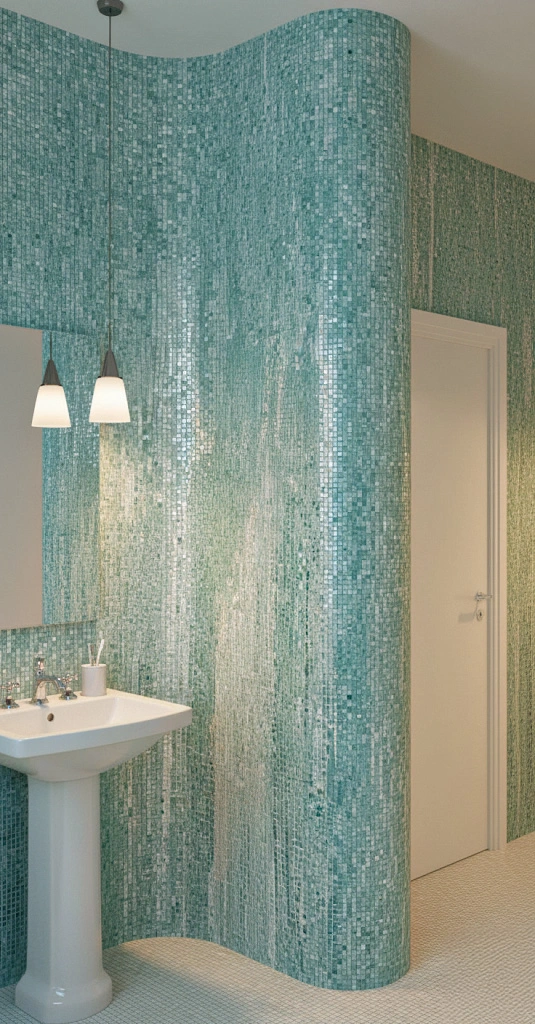 Turquoise and seafoam mosaic wall with vertical pattern flowing along a curved surface, adding texture and tranquility to modern bathrooms.