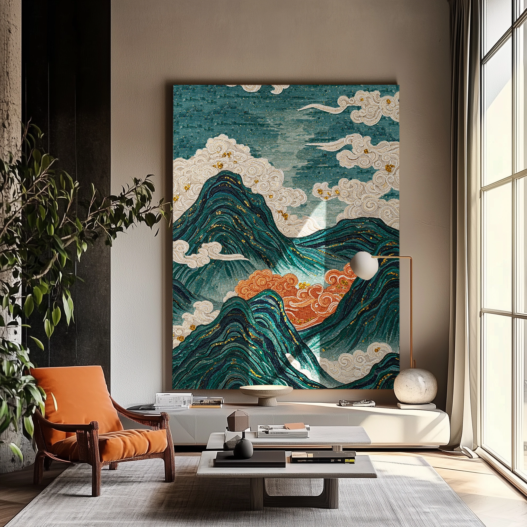 Luxurious living room featuring with a Large Commercial Custom Mosaic Tile Murals.