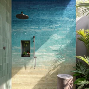 Gradient mosaic wall fading from gold to blue, inspired by coastal shores, adding warmth and tranquility to spa or outdoor settings.