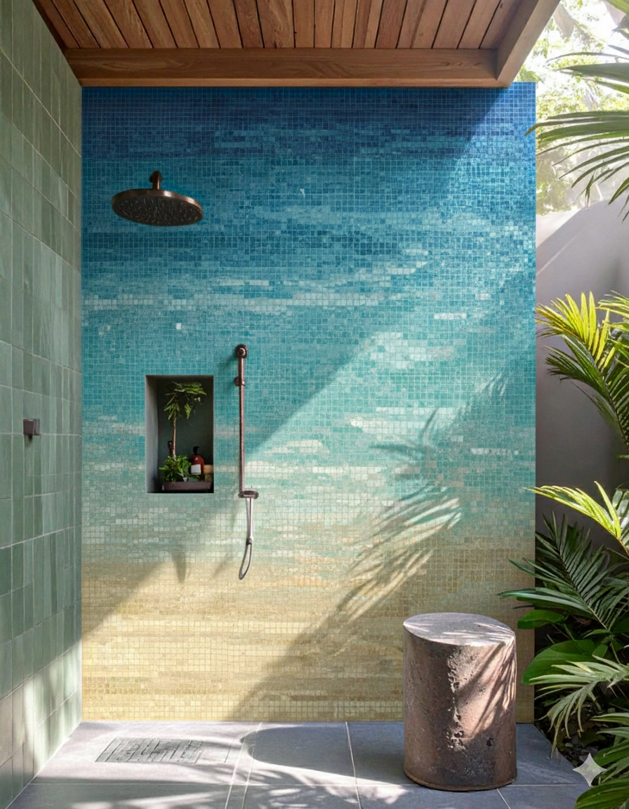 Gradient mosaic wall fading from gold to blue, inspired by coastal shores, adding warmth and tranquility to spa or outdoor settings.