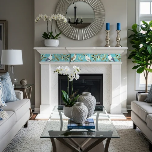 Mosaic border of songbirds and golden leaves on an aqua background, adding elegance and natural charm above a fireplace.