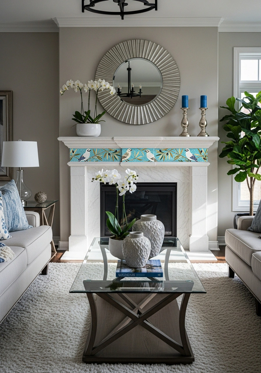 Mosaic border of songbirds and golden leaves on an aqua background, adding elegance and natural charm above a fireplace.