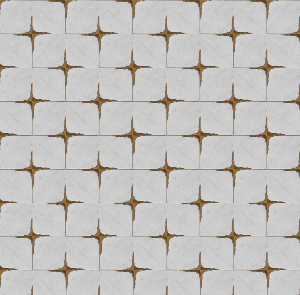 white marble square mosaic tile outlined in gold for a sophisticated and timeless wall or floor finish.