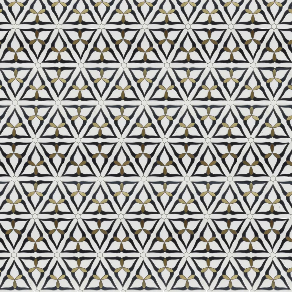 Decorative star-shaped mosaic tile in black and white marble with gold detailing ideal for modern home and office interiors.