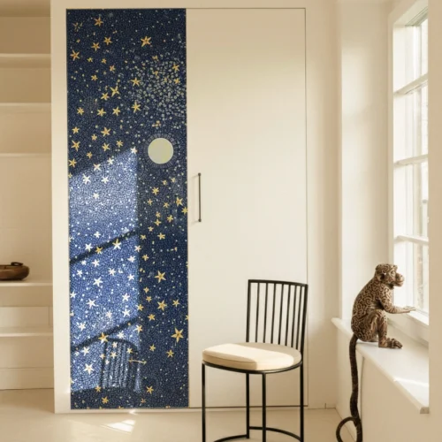 Mosaic door panel featuring golden stars and a moon against a deep blue sky, adding celestial beauty and artistic elegance to an interior space.