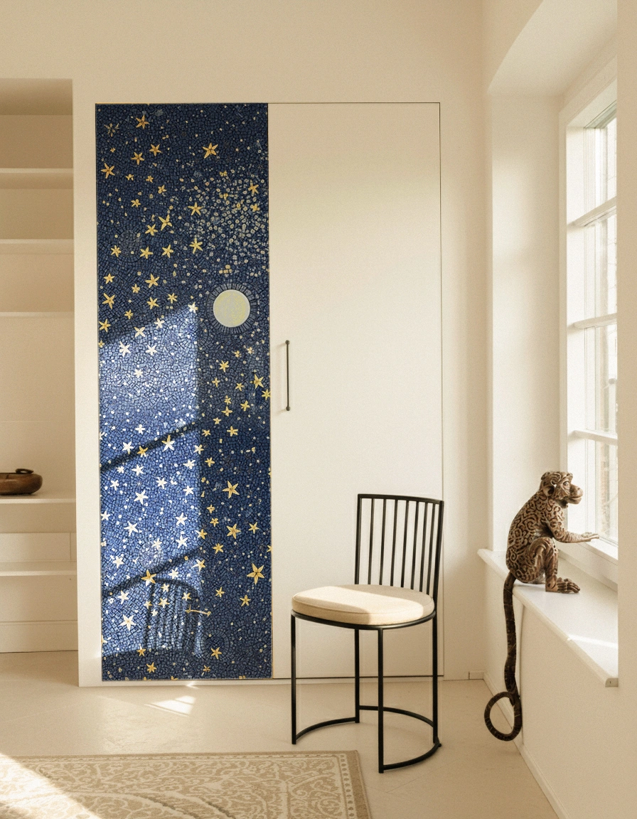 Mosaic door panel featuring golden stars and a moon against a deep blue sky, adding celestial beauty and artistic elegance to an interior space.