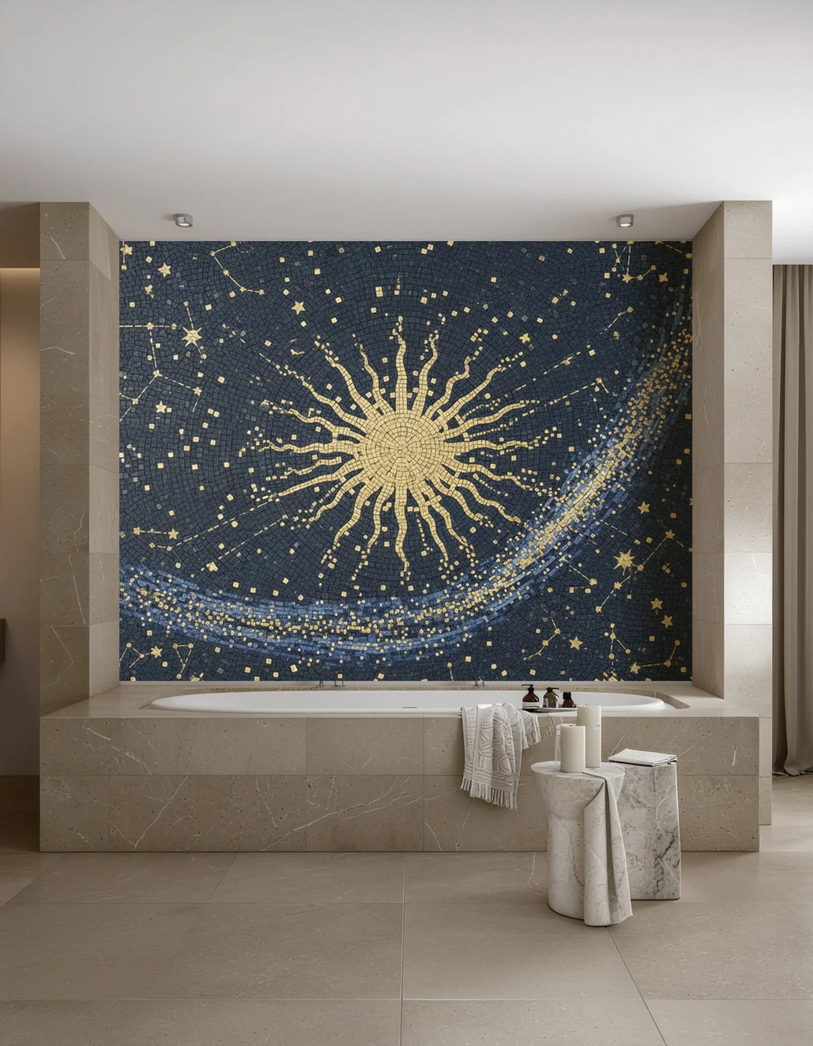 Luxurious bathroom with a large mosaic wall of a radiant golden sun surrounded by constellations on a dark blue background above a built-in bathtub.