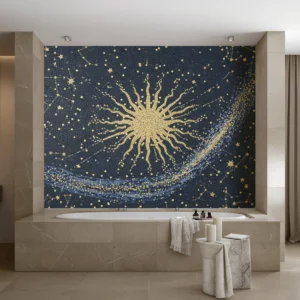Luxurious bathroom with a large mosaic wall of a radiant golden sun surrounded by constellations on a dark blue background above a built-in bathtub.