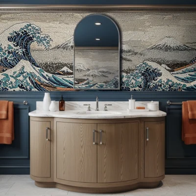 Bathroom with a large Japanese-inspired mosaic mural depicting dramatic ocean waves and Mount Fuji in the background, set above a curved wood vanity with marble top.