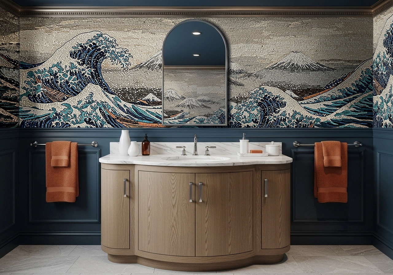 Bathroom with a large Japanese-inspired mosaic mural depicting dramatic ocean waves and Mount Fuji in the background, set above a curved wood vanity with marble top.