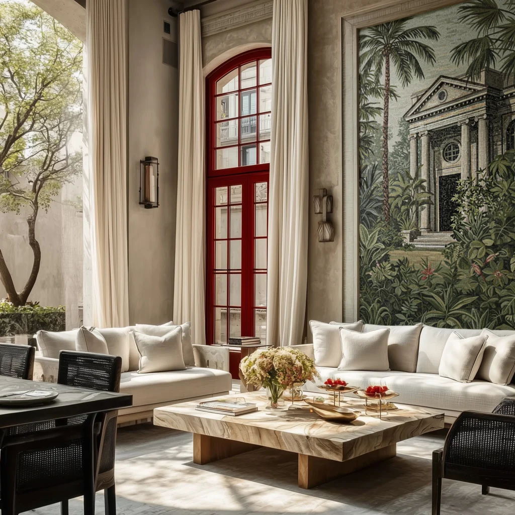Luxurious neoclassical living room featuring a stunning tropical garden mosaic mural with a classical temple or belvedere design.