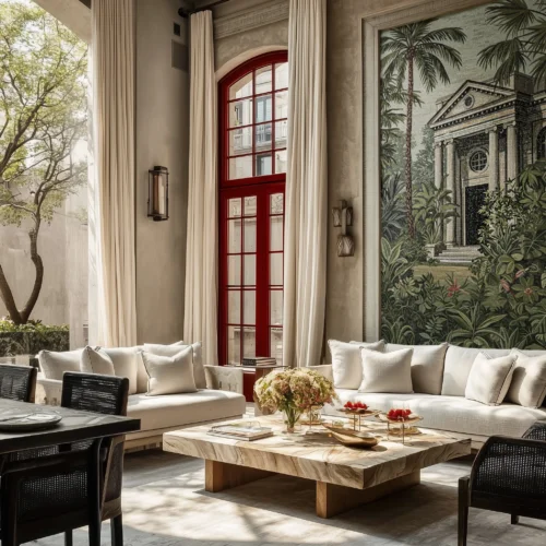 Luxurious neoclassical living room featuring a stunning tropical garden mosaic mural with a classical temple or belvedere design.