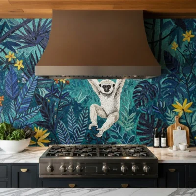 Mosaic backsplash of a white monkey in vibrant jungle foliage with blue and teal tones, adding playful character and tropical flair to a modern kitchen.