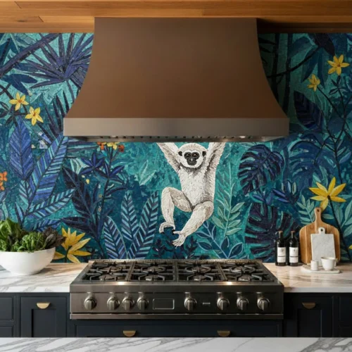 Mosaic backsplash of a white monkey in vibrant jungle foliage with blue and teal tones, adding playful character and tropical flair to a modern kitchen.