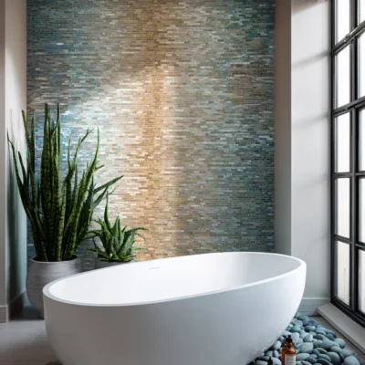 Blue and beige gradient mosaic wall behind bathtub, inspired by ocean waves and sand, creating a tranquil spa-like bathroom setting.