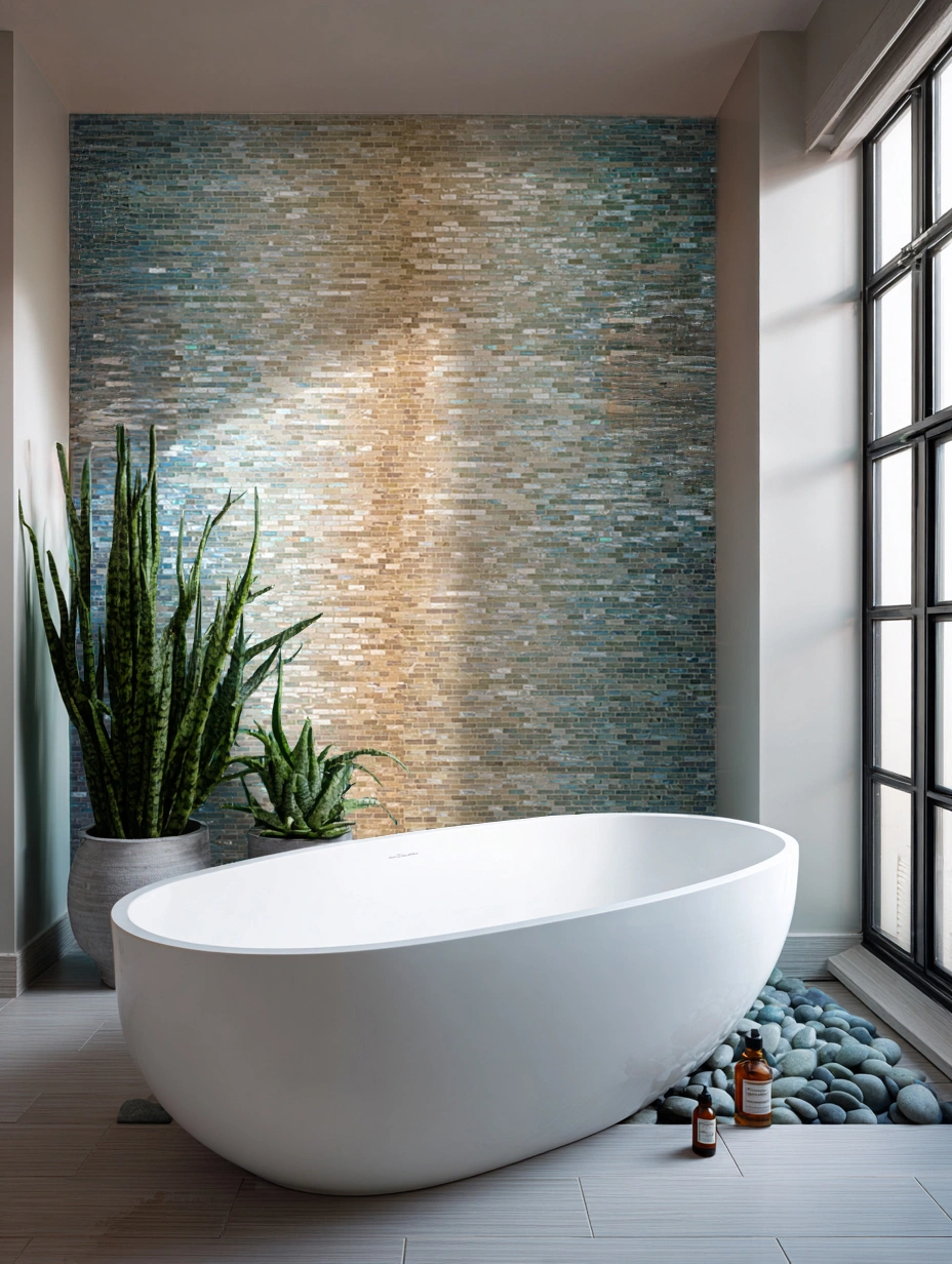 Blue and beige gradient mosaic wall behind bathtub, inspired by ocean waves and sand, creating a tranquil spa-like bathroom setting.