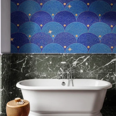 Blue scallop-pattern mosaic wall with golden stars above a bathtub, blending celestial beauty with ocean-inspired elegance in a luxury bathroom.