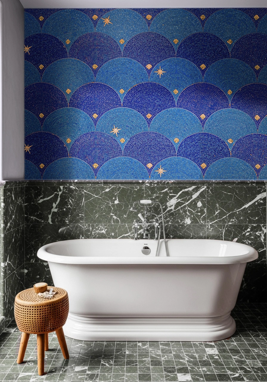 Blue scallop-pattern mosaic wall with golden stars above a bathtub, blending celestial beauty with ocean-inspired elegance in a luxury bathroom.
