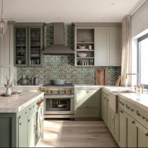 Green scallop-pattern mosaic backsplash in a modern kitchen, blending natural tones with elegance and sophistication.