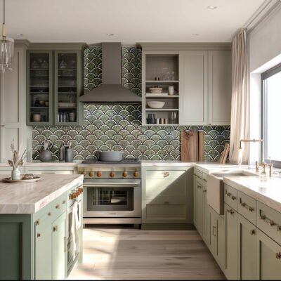 Green scallop-pattern mosaic backsplash in a modern kitchen, blending natural tones with elegance and sophistication.