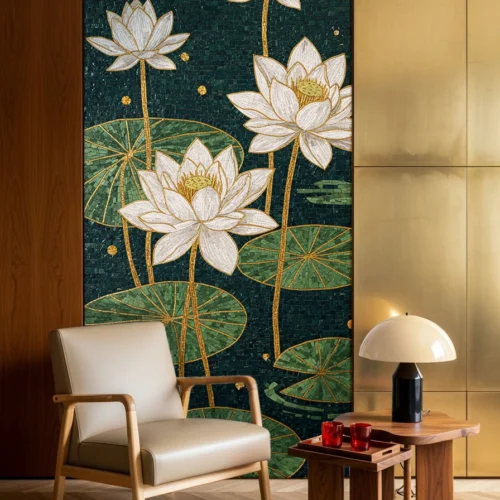 Mosaic mural of white lotus flowers with golden accents on emerald leaves, symbolizing peace, purity, and elegance in a luxury interior.
