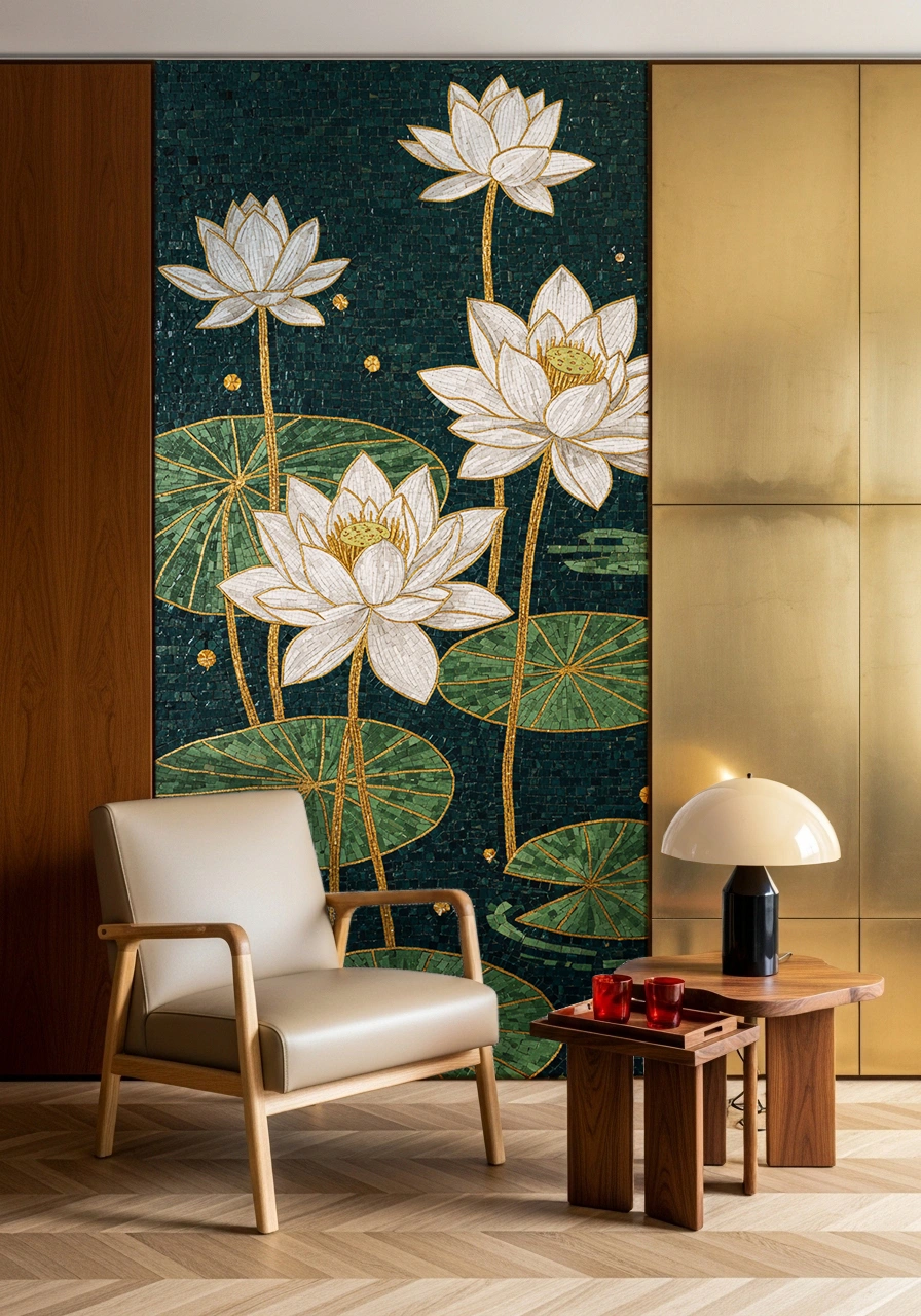 Mosaic mural of white lotus flowers with golden accents on emerald leaves, symbolizing peace, purity, and elegance in a luxury interior.