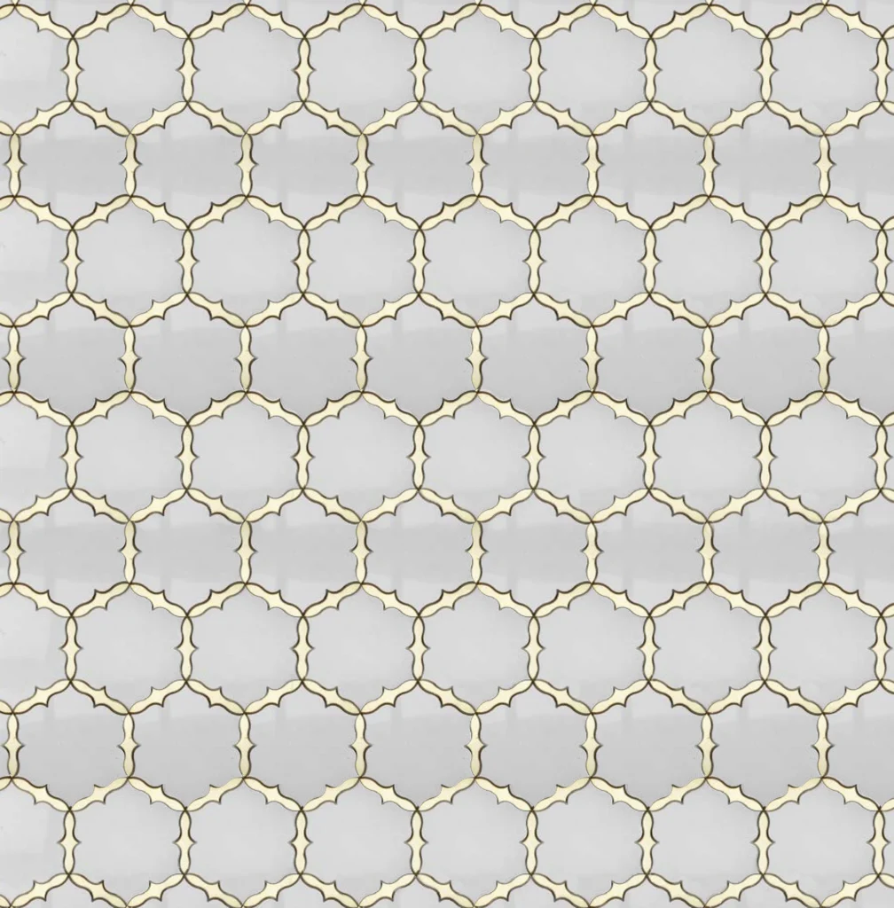 Timeless white marble mosaic with gold borders forming intricate geometric motifs for elegant and modern interiors.