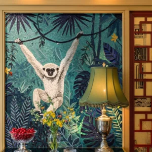 Mosaic mural of a white monkey swinging on vines in a lush jungle, adding playful energy and exotic charm to a luxury interior.