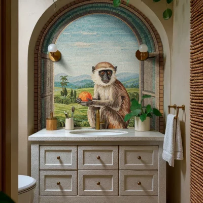 Handcrafted mosaic featuring a monkey in a scenic jungle framed by an arch, blending luxury craftsmanship and artistic storytelling.