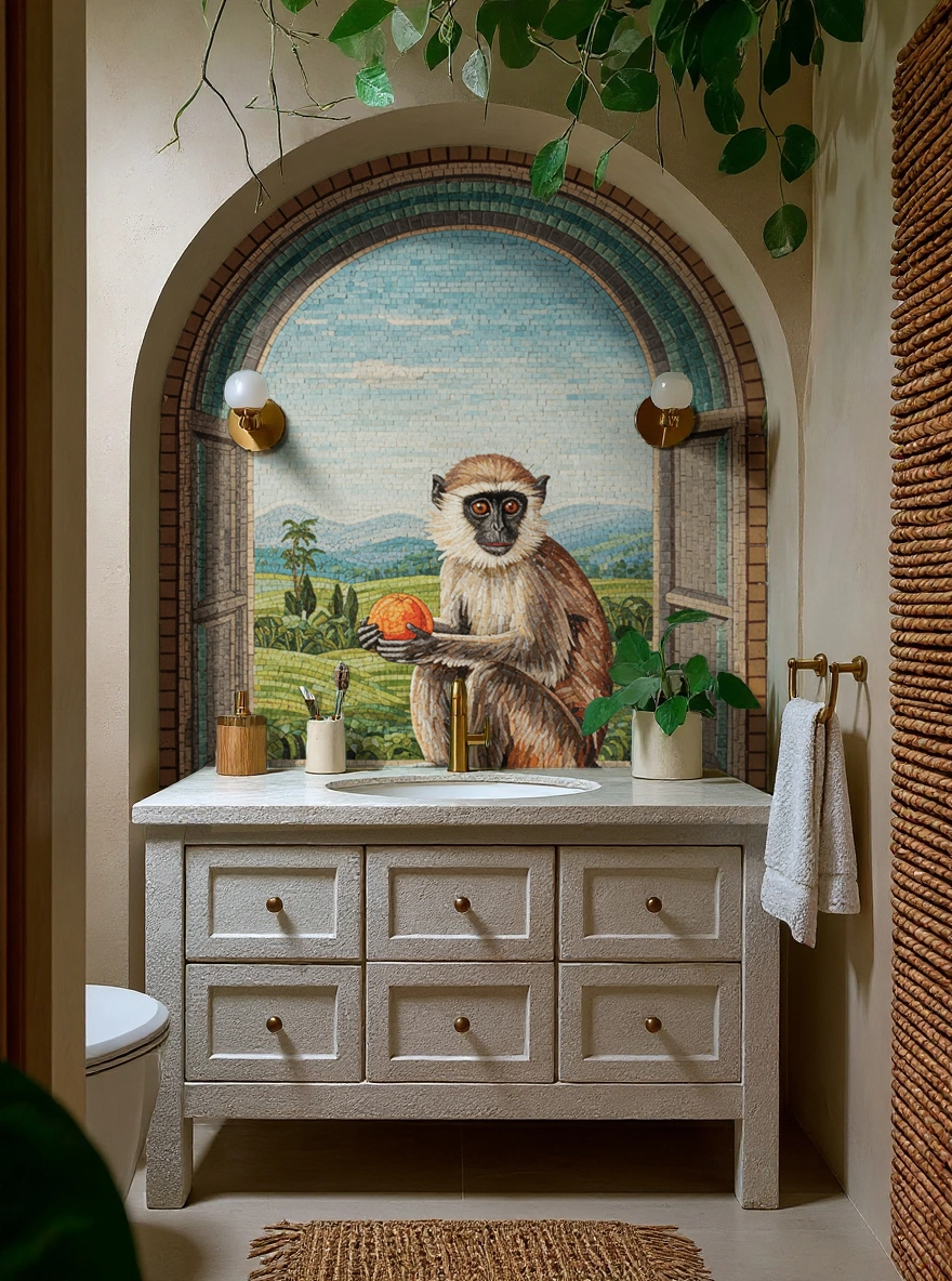 Handcrafted mosaic featuring a monkey in a scenic jungle framed by an arch, blending luxury craftsmanship and artistic storytelling.