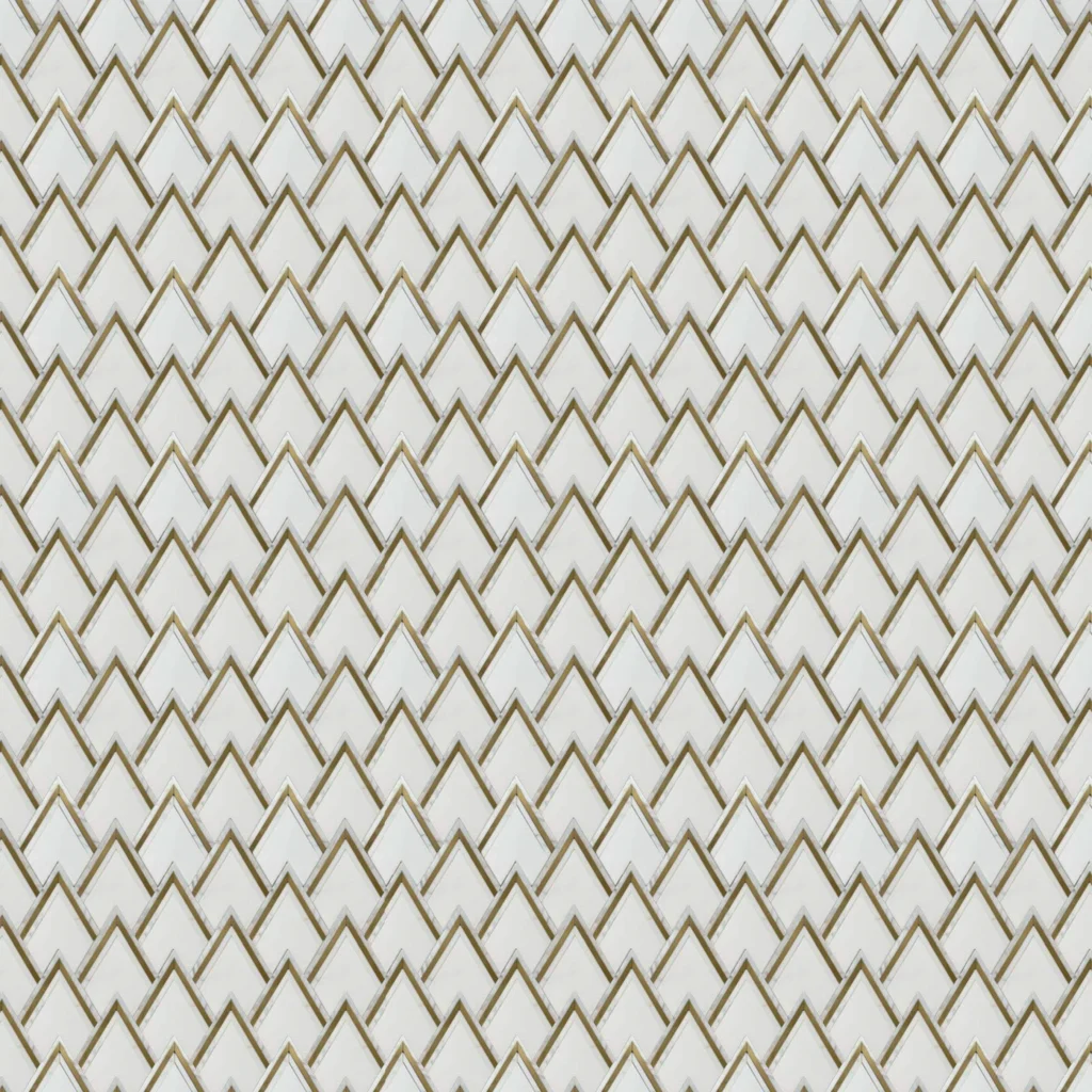 white marble mosaic with gold zigzag detailing designed for contemporary architectural wall applications.