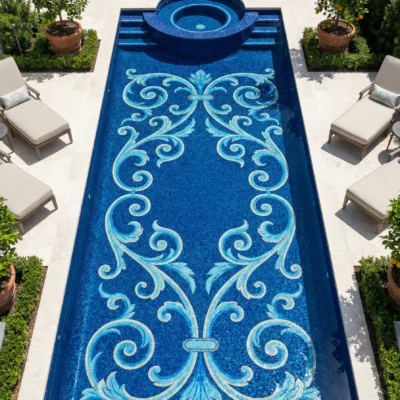 Luxury blue pool with ornate scrollwork mosaic pattern and round spa section, surrounded by white stone deck, lounge chairs, and greenery.