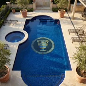 Luxury courtyard pool with deep blue mosaic tiles and a central urn medallion, plus a round spa, surrounded by stone paving, greenery and seating.