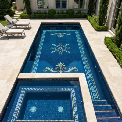 Luxury courtyard pool with deep blue mosaic tiles, Greek key border, gold accents and matching spa, surrounded by stone deck and greenery.
