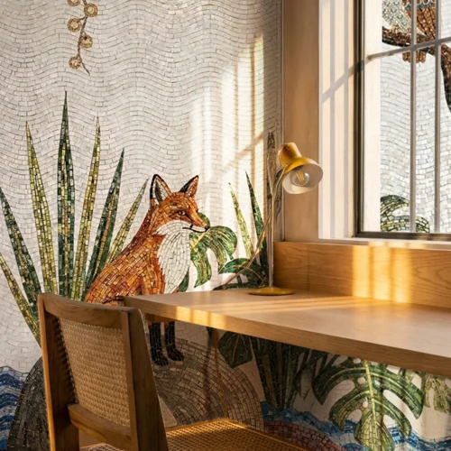 Nature-inspired mosaic wall featuring a fox surrounded by green plants and wave patterns, styled with a wooden desk, chair, and warm sunlight.