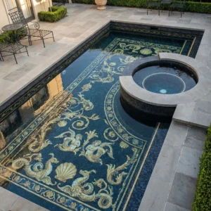 Courtyard pool with deep blue mosaic and gold scrollwork, seashell patterns and a round built-in spa, surrounded by stone paving and greenery.