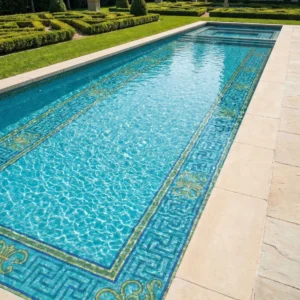 Outdoor pool with aqua mosaic tiles and Greek key border with gold floral corners, set beside stone deck and formal garden with statues.