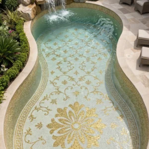 Curved garden pool with aqua and gold mosaic floral design, Greek key border and stone waterfall feature, surrounded by greenery and lounge chairs.