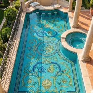 Luxury courtyard pool with aqua mosaic featuring seashells and ocean motifs, built-in spa, stone columns and garden greenery in warm sunlight.