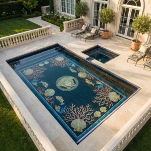 Luxury courtyard pool with Medusa mosaic, coral, fish and seashell patterns in deep blue tiles, plus spa, stone deck and lounge chairs.