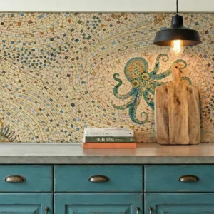 Octopus mosaic backsplash with swirling ivory and blue tiles above teal kitchen cabinets.