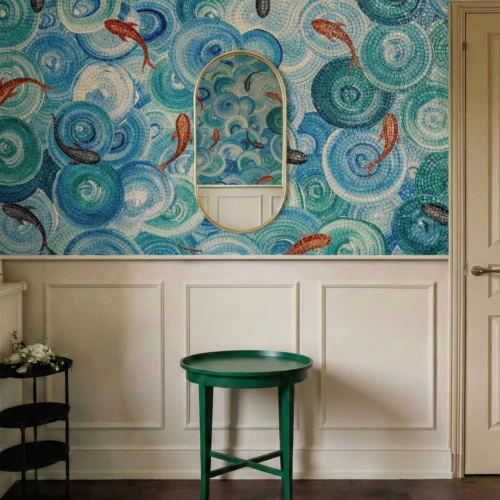 Blue circular wave mosaic wall mural with red and black koi fish in a modern interior.