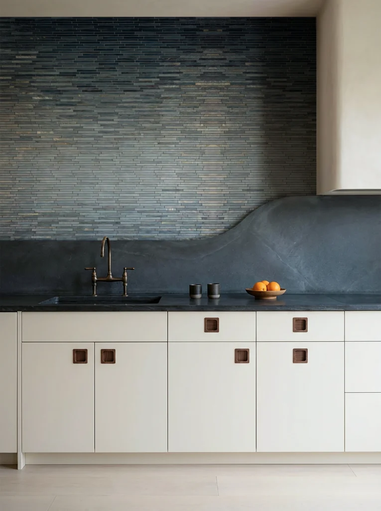 Modern kitchen with charcoal linear tile backsplash and curved dark stone countertop, paired with white cabinets, bronze faucet, and minimal decor.