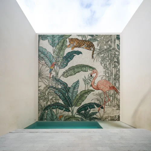 Tropical jungle mosaic mural featuring a leopard, flamingo, and lush botanical leaves, creating a luxury nature-inspired feature wall.