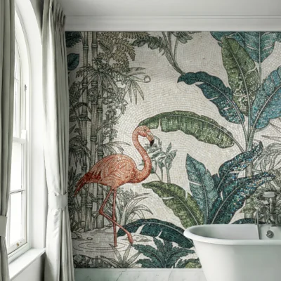 Flamingo mosaic mural with tropical leaves in a luxury bathroom, creating a serene botanical feature wall.