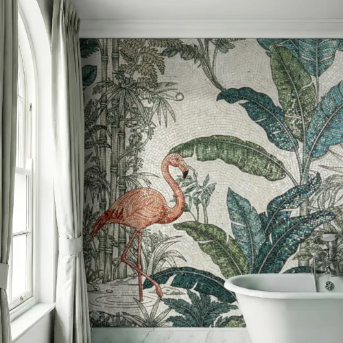 Flamingo mosaic mural with tropical leaves in a luxury bathroom, creating a serene botanical feature wall.