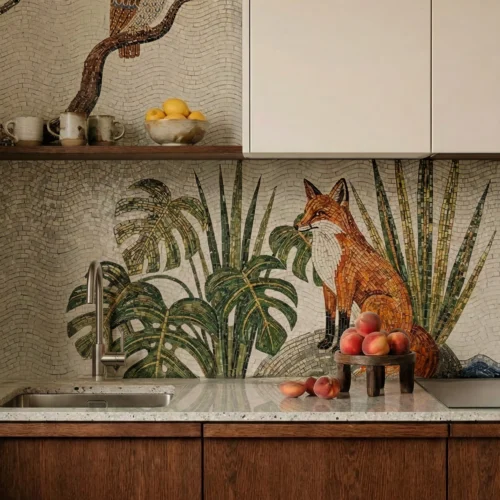 Artistic mosaic kitchen backsplash with owl and fox illustrations among green foliage, paired with wood cabinets and a stone countertop.