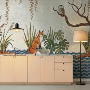 Fox and owl mosaic wall art with plants and flowing water, creating a detailed nature-inspired feature wall in a modern interior.