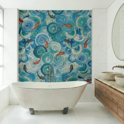 Blue swirling koi fish mosaic feature wall behind a freestanding bathtub in a modern luxury bathroom.